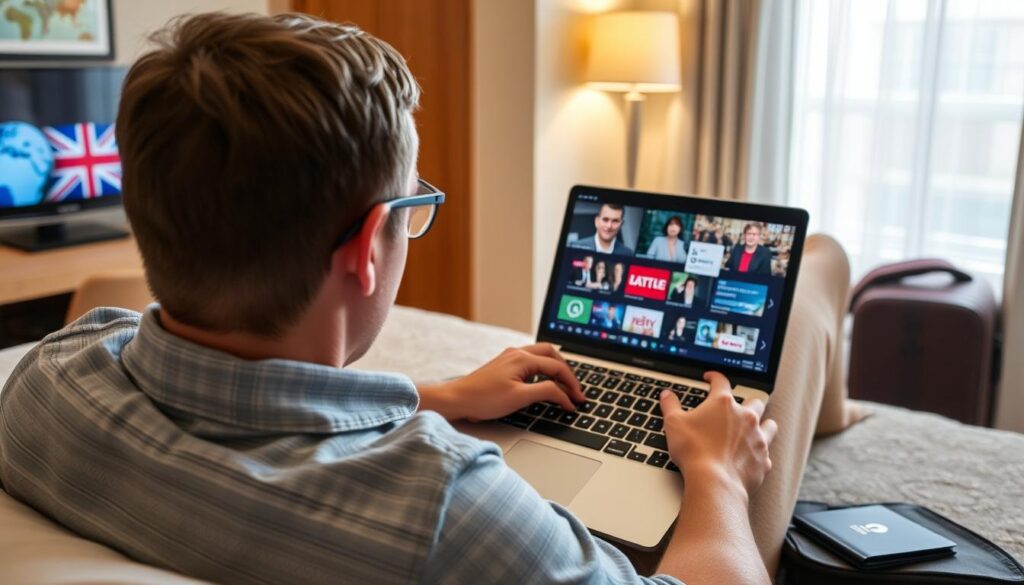 Person watching UK channels while traveling abroad using IPTV and VPN Person watching UK channels while traveling abroad using IPTV and VPN