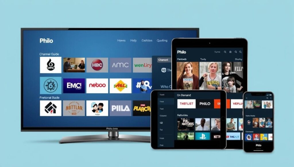 Philo TV interface showing channel guide and on-demand library on multiple devices Philo TV interface showing channel guide and on-demand library on multiple devices