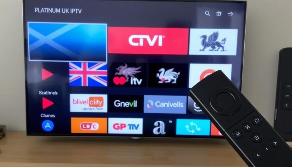 Platinum UK IPTV interface on Amazon Fire Stick showing UK regional channels