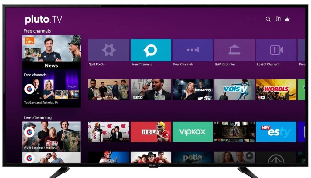 Pluto TV interface showing free IPTV channels and content categories Pluto TV interface showing free IPTV channels and content categories