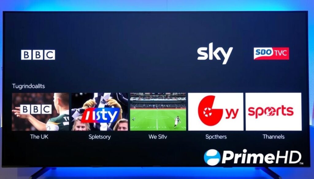 PrimeHD IPTV interface showing UK channels and sports content PrimeHD IPTV interface showing UK channels and sports content