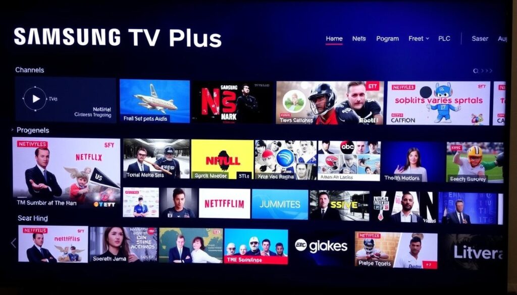 Samsung TV Plus interface showing free channels and content categories Samsung TV Plus interface showing free channels and content categories