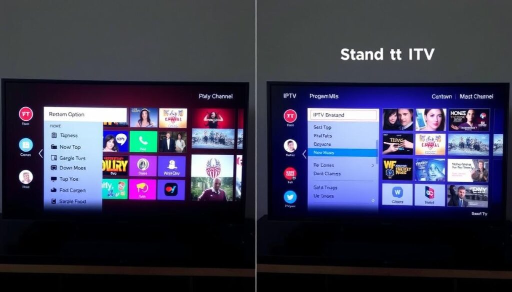 Side-by-side comparison of IPTV box interface vs Smart TV interface Side-by-side comparison of IPTV box interface vs Smart TV interface
