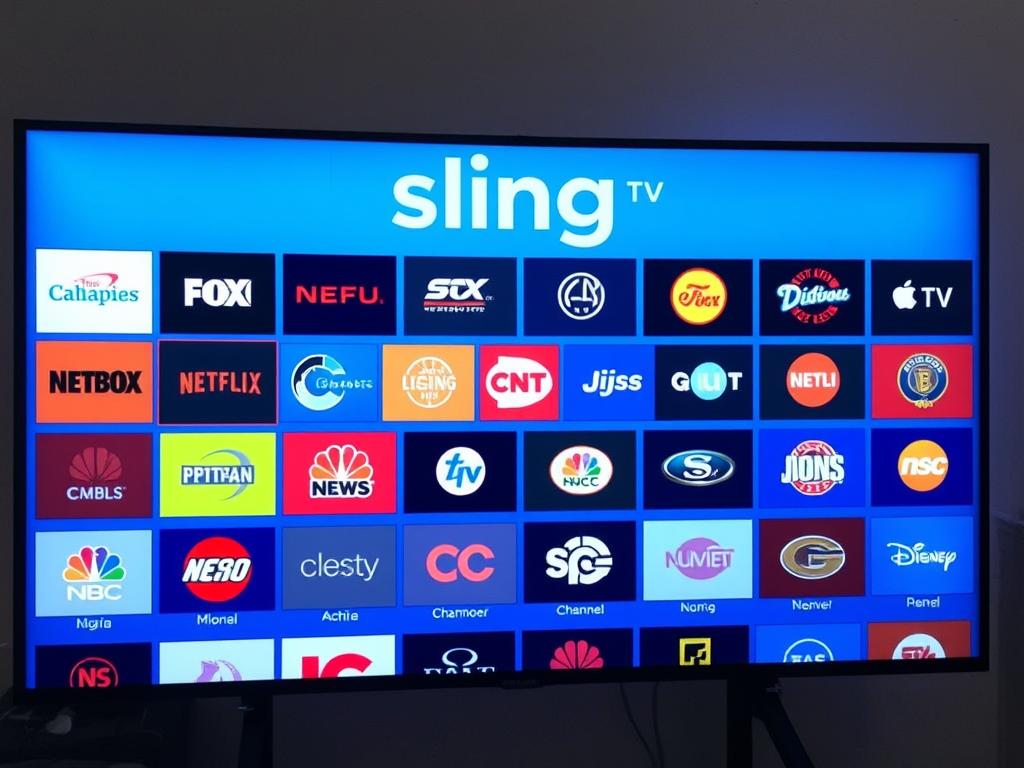 Sling TV interface showing channel lineup and categories