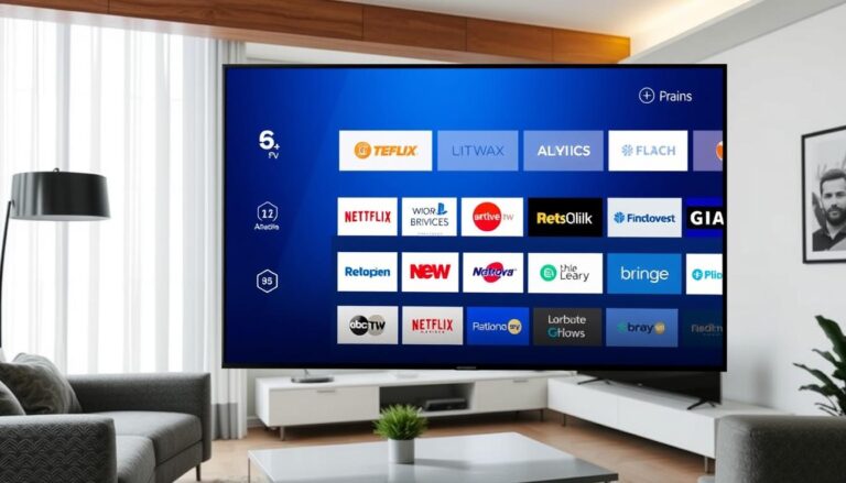 Smart IPTV interface showing channel grid on a smart TV