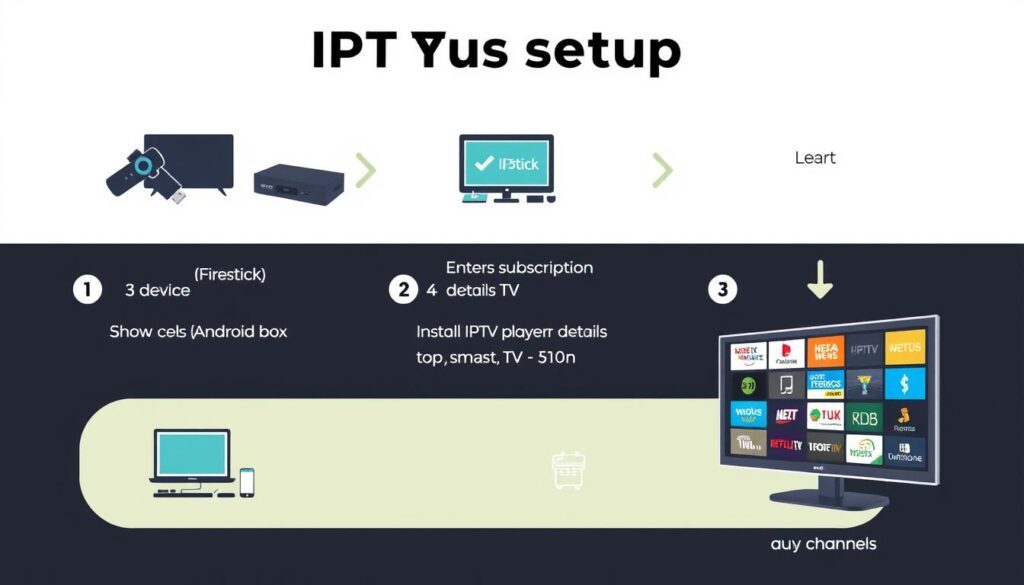 Step-by-step IPTV setup process showing device, app installation, and configuration