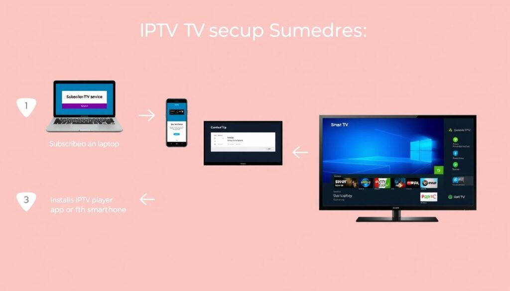Step-by-step visual guide showing IPTV setup process on different devices