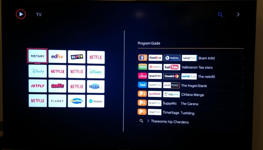 TiviMate IPTV Player interface on Android TV showing channel grid and EPG TiviMate IPTV Player interface on Android TV showing channel grid and EPG