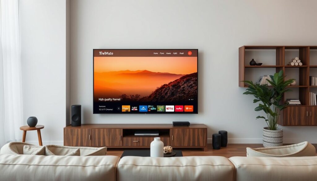 TiviMate IPTV Player on a living room TV showing a premium channel TiviMate IPTV Player on a living room TV showing a premium channel