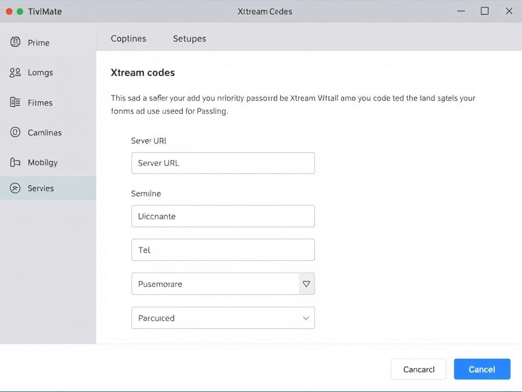 TiviMate Xtream codes setup screen with username and password fields TiviMate Xtream codes setup screen with username and password fields