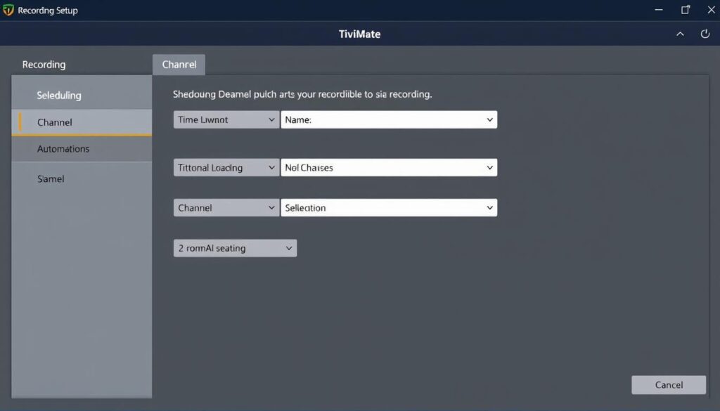 TiviMate recording setup screen showing scheduling options TiviMate recording setup screen showing scheduling options
