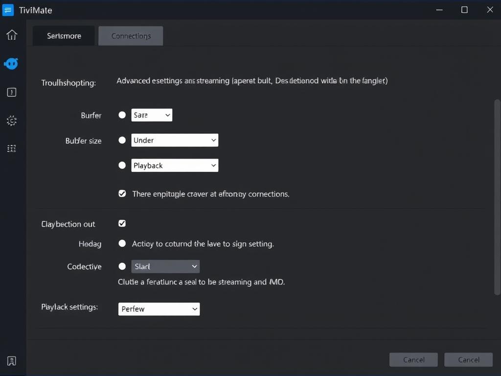 TiviMate troubleshooting settings screen TiviMate troubleshooting settings screen