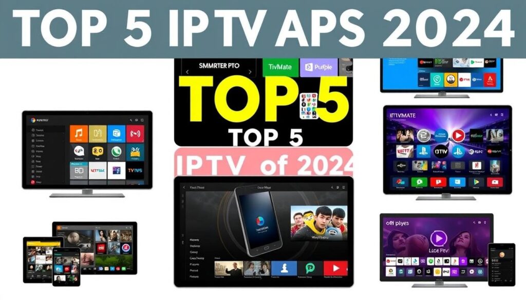 Top 5 IPTV apps of 2024 showing their interfaces on various devices