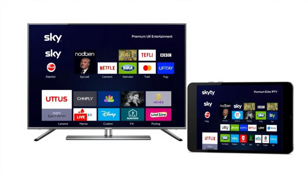 UK Elite IPTV interface showing premium entertainment channels across multiple devices