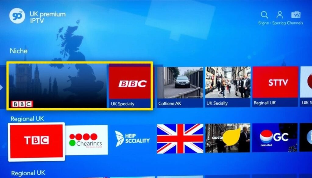UK Premium IPTV interface showing niche and specialty UK channels