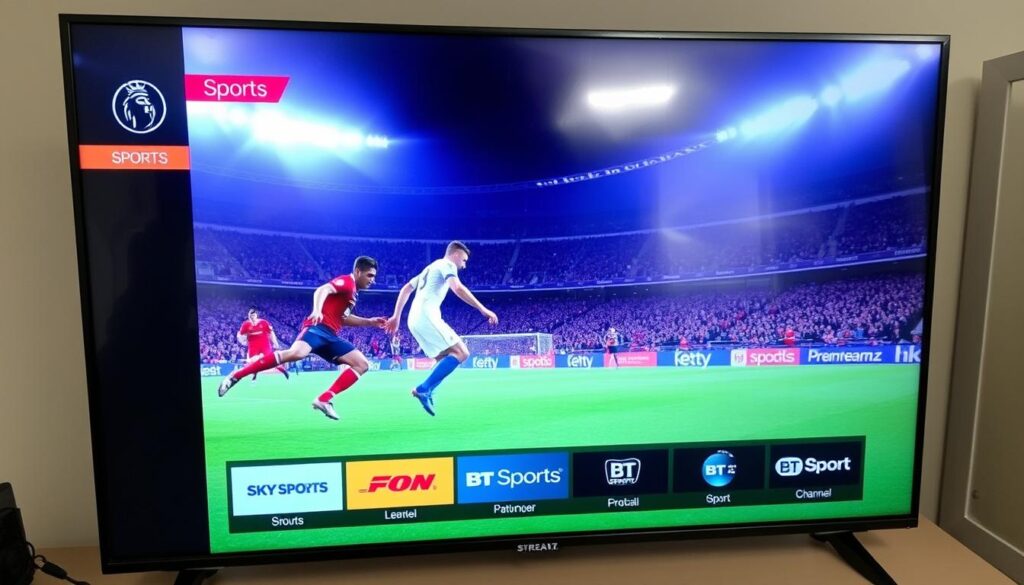 UKStreamz interface showing sports channels and live football match