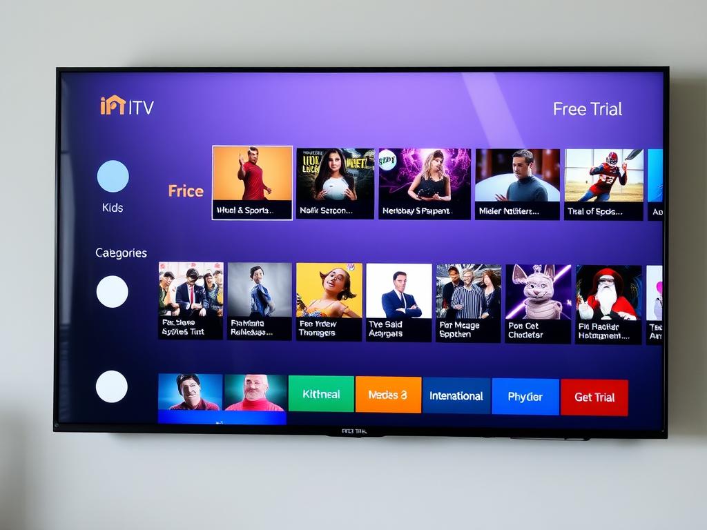 Various IPTV channel categories displayed on a smart TV during free trial