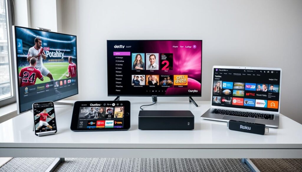 Various devices compatible with IPTV providers UK including smart TVs, smartphones, and streaming sticks