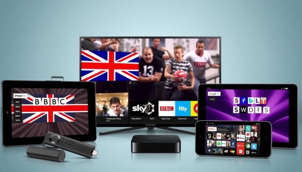 Various devices showing IPTV compatibility including Fire Stick, smart TVs, and mobile devices