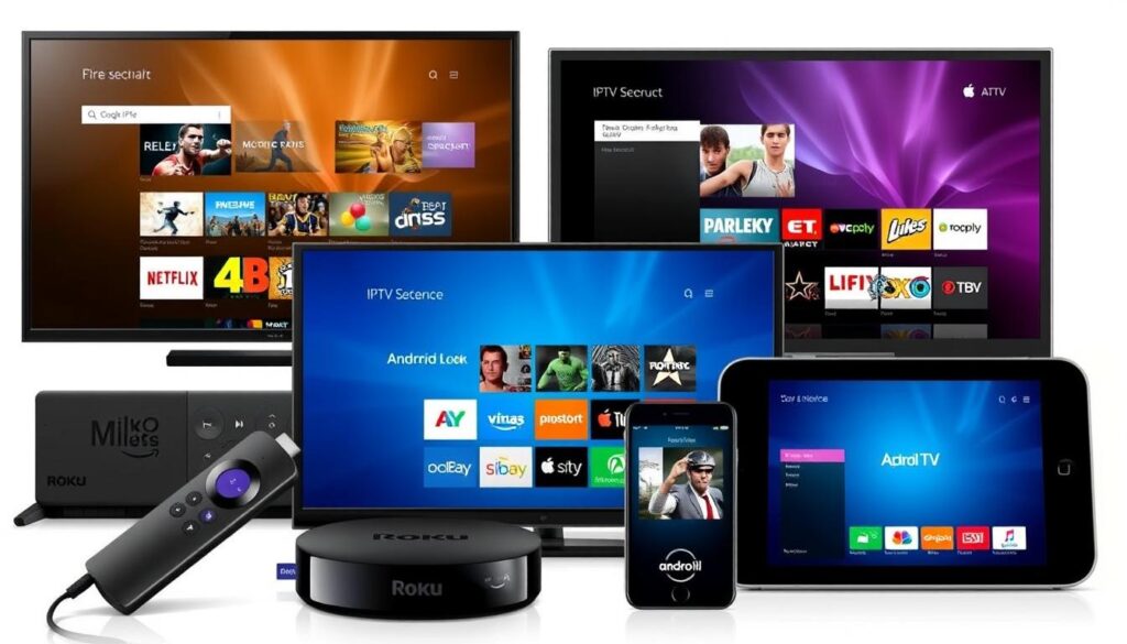 Various devices showing IPTV players and apps including Firestick, Roku, and smartphones Various devices showing IPTV players and apps including Firestick, Roku, and smartphones