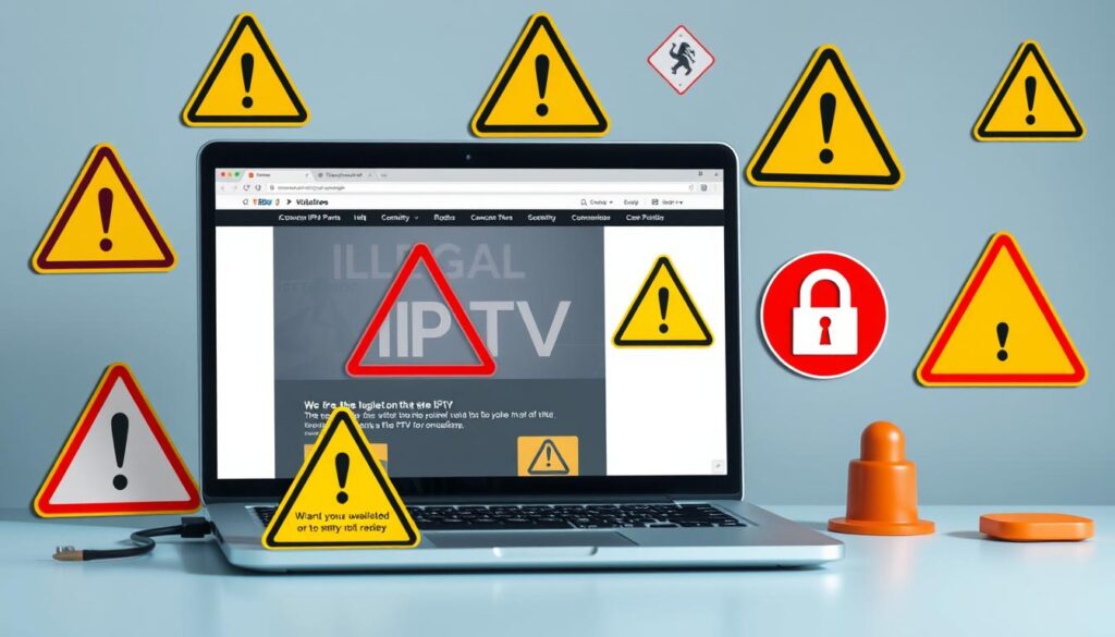 Warning signs of illegal IPTV providers UK with security symbols