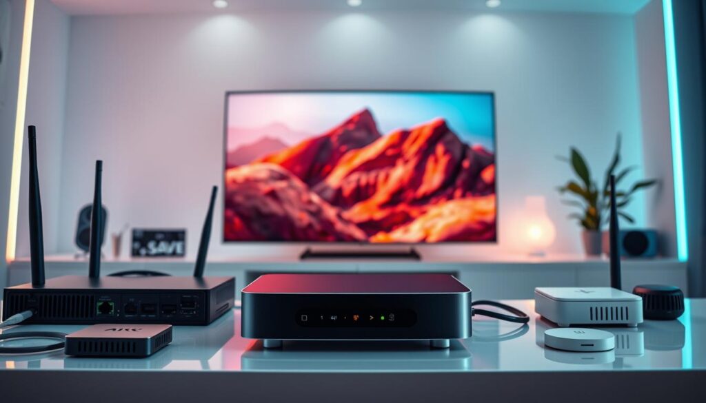 A bright, futuristic home entertainment setup with a sleek IPTV streaming device centrally positioned. The device is surrounded by various networking equipment like a high-speed router, network switch, and smart home hubs, all seamlessly integrated. In the background, a large 4K TV display showcases vivid, high-quality video content. Indirect ambient lighting accentuates the clean, modern aesthetic. The scene conveys a sense of technological sophistication and an optimized, future-proof IPTV streaming experience.