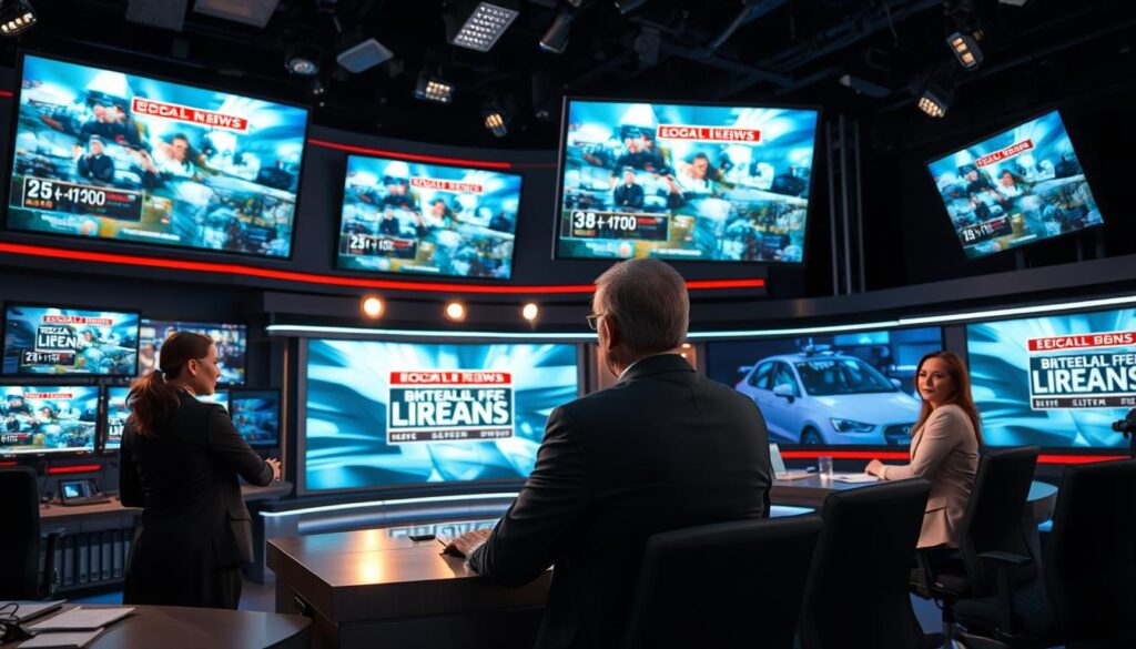 A bustling news studio with high-definition monitors displaying the latest headlines, anchors in professional attire delivering reports with an authoritative yet engaging presence. Soft, directional lighting illuminates the set, creating depth and a sense of authenticity. The camera angles capture a dynamic, fast-paced environment, reflecting the urgency and immediacy of breaking news. In the background, a sleek, modern control room with technicians monitoring feeds and making seamless transitions between segments. The overall atmosphere conveys the energy and importance of local news, setting the stage for an informative and visually compelling experience for the viewer.