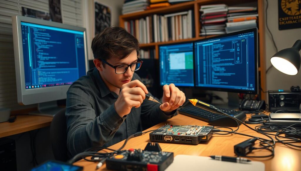 A cozy home office workspace with a desktop computer, multiple monitors, and various troubleshooting tools. The foreground features a person intently examining a circuit board, with a magnifying glass and soldering iron in hand. The middle ground showcases an array of diagnostic cables, adapters, and a disassembled device on the desk. The background depicts a bookshelf filled with technical manuals and reference materials, hinting at the user's expertise in resolving complex technical issues. The lighting is soft and warm, creating a contemplative atmosphere as the subject troubleshoots the problem at hand.