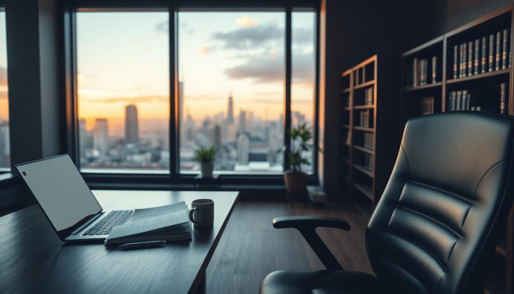 A dimly lit office interior, with a wooden desk and ergonomic chair in the foreground. On the desk, a modern laptop, a stack of legal documents, and a cup of coffee. The middle ground features a bookshelf filled with law books, and a potted plant adding a touch of life. In the background, a large window overlooking a bustling city skyline, with warm, golden-hour lighting filtering through. The overall atmosphere conveys a sense of professionalism, legality, and attention to detail, reflecting the subject of "safety, legality, and performance considerations in 2025-2026".