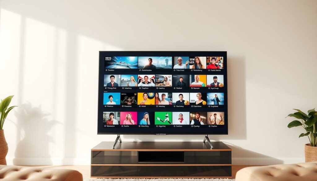 A high-quality 4K television displaying a diverse array of live television channels, capturing the vibrant, cutting-edge experience of modern IPTV services. The screen showcases a seamless blend of news, sports, entertainment, and lifestyle programming, immersing the viewer in a comprehensive and visually stunning content ecosystem. The television is situated in a clean, contemporary living room setting, bathed in warm, natural lighting that highlights the vivid, lifelike imagery on the screen. The overall scene conveys a sense of technological sophistication, convenience, and the future of home entertainment.