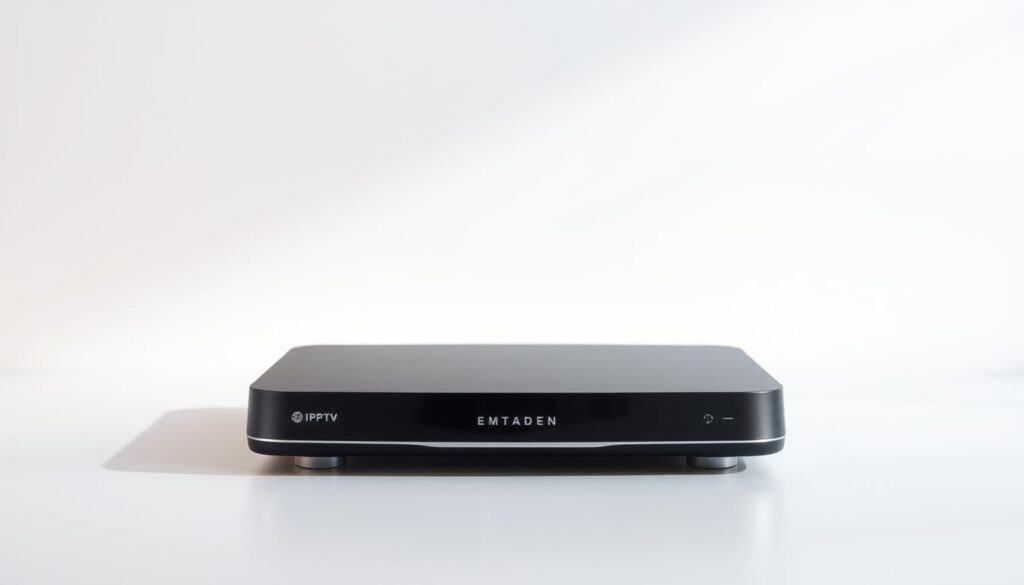 A high-quality, high-definition image of a sleek and modern IPTV player device set against a clean, minimalist background. The player should be prominently displayed, showcasing its premium design, intuitive interface, and advanced features. Soft, directional lighting accentuates the product's curves and textures, creating a sense of sophistication and technological prowess. The scene should convey a sense of clarity, simplicity, and the player's ability to seamlessly integrate into a modern UK home entertainment setup.