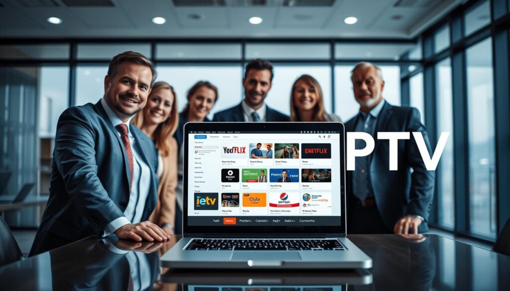 A high-quality, well-lit image depicting legal IPTV providers. The foreground shows a group of professional, reputable-looking individuals in business attire, gathered around a table, engaged in a discussion. The middle ground features a laptop displaying a website or app interface showcasing various IPTV services and packages. The background has a sleek, modern office setting with large windows, providing a sense of transparency and legitimacy. The overall atmosphere conveys a sense of professionalism, legality, and trustworthiness, in contrast to the shadowy, illicit nature of illegal IPTV services.