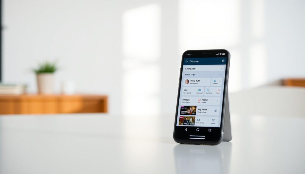 A modern, minimalist setup showing a smartphone or tablet displaying the Tivimate IPTV app interface. The device is positioned on a clean, uncluttered desk or table, with a subtle background of blurred, out-of-focus office or living room elements. Soft, natural lighting illuminates the scene, creating a warm, inviting atmosphere. The Tivimate app interface should be clearly visible, showcasing its intuitive menu structure and user-friendly layout, highlighting its key features for seamless IPTV setup and management in 2025.