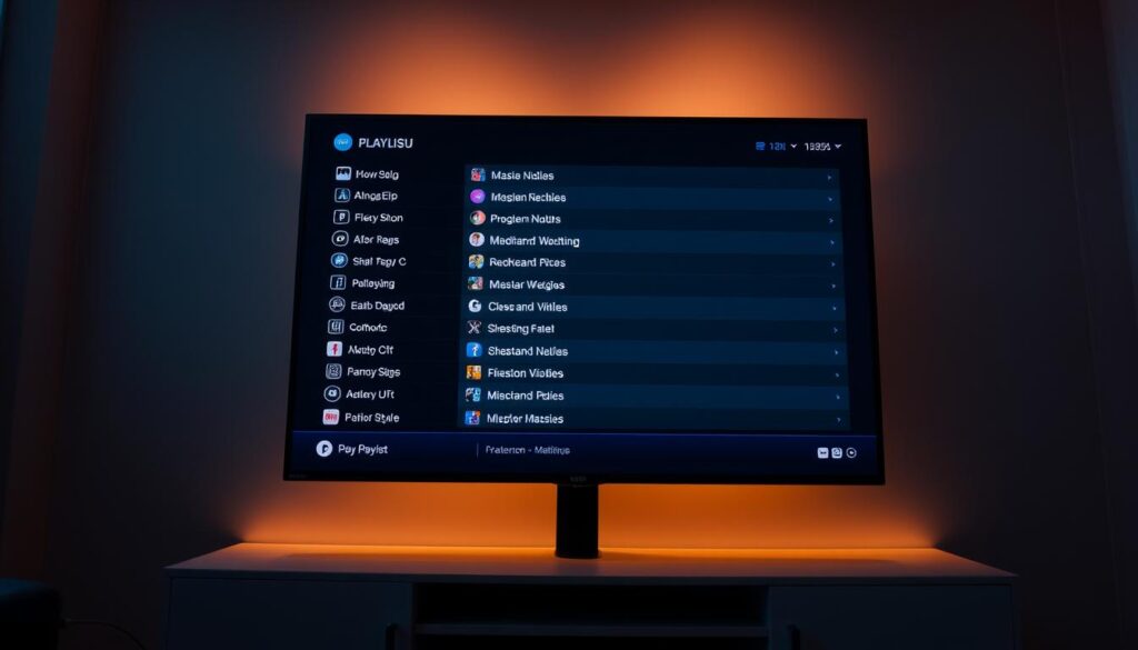A modern, sleek m3u playlist displayed on a high-resolution digital screen. The playlist features a clean, minimalist interface with sharp icons and neatly organized content. The screen is backlit with a warm, inviting glow, set against a dimly lit, neutral-toned room. The camera angle is slightly elevated, providing a clear, unobstructed view of the playlist's intuitive layout and user-friendly controls. The overall atmosphere conveys a sense of technological sophistication and seamless digital entertainment.