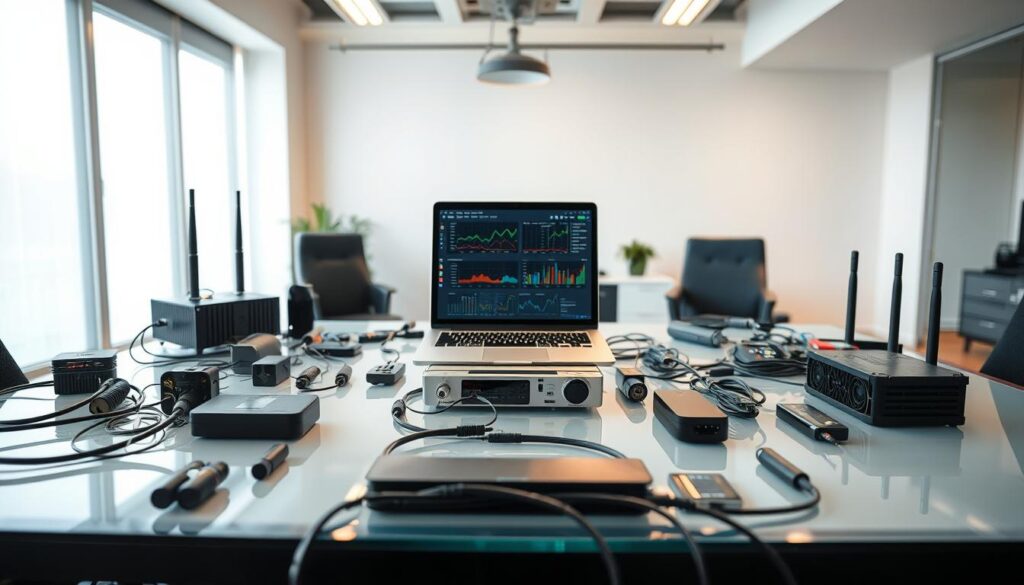 A modern, well-equipped office setting with an array of cutting-edge testing devices and equipment laid out on a sleek, glass-topped desk. In the foreground, various wired and wireless gadgets, cables, and diagnostic tools are neatly arranged, casting crisp shadows under the warm, diffused lighting from overhead. In the middle ground, a state-of-the-art laptop or tablet displays detailed performance metrics and analysis. The background features clean, minimalist decor with a large window allowing natural daylight to filter in, creating a professional, technology-driven atmosphere ideal for thorough, unbiased IPTV service assessments.
