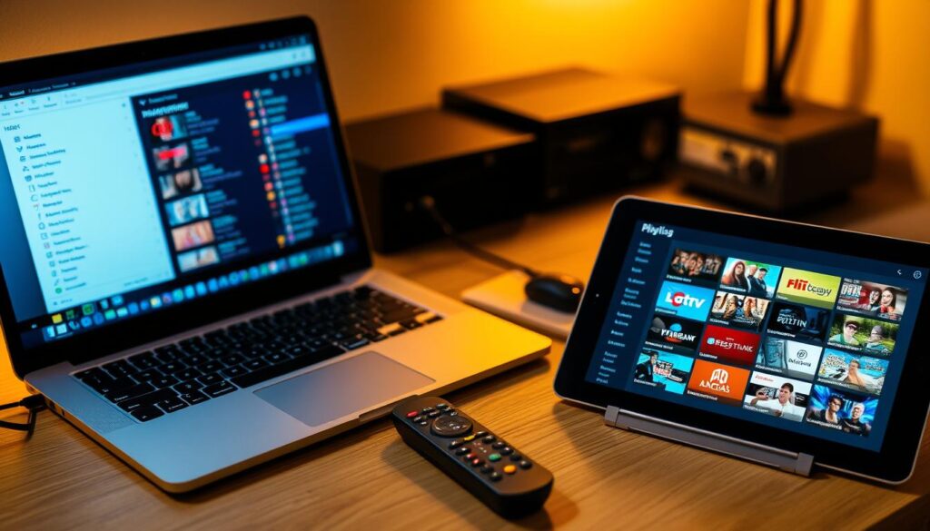 A neatly organized workspace with a laptop, tablet, and remote control prominently displayed. The laptop screen shows a playlist management interface, while the tablet displays an electronic program guide (EPG) with a variety of IPTV channels. The scene is illuminated by warm, diffused lighting, creating a cozy and focused atmosphere. The overall composition emphasizes the seamless integration of technology, enabling a smooth and immersive UK viewing experience.