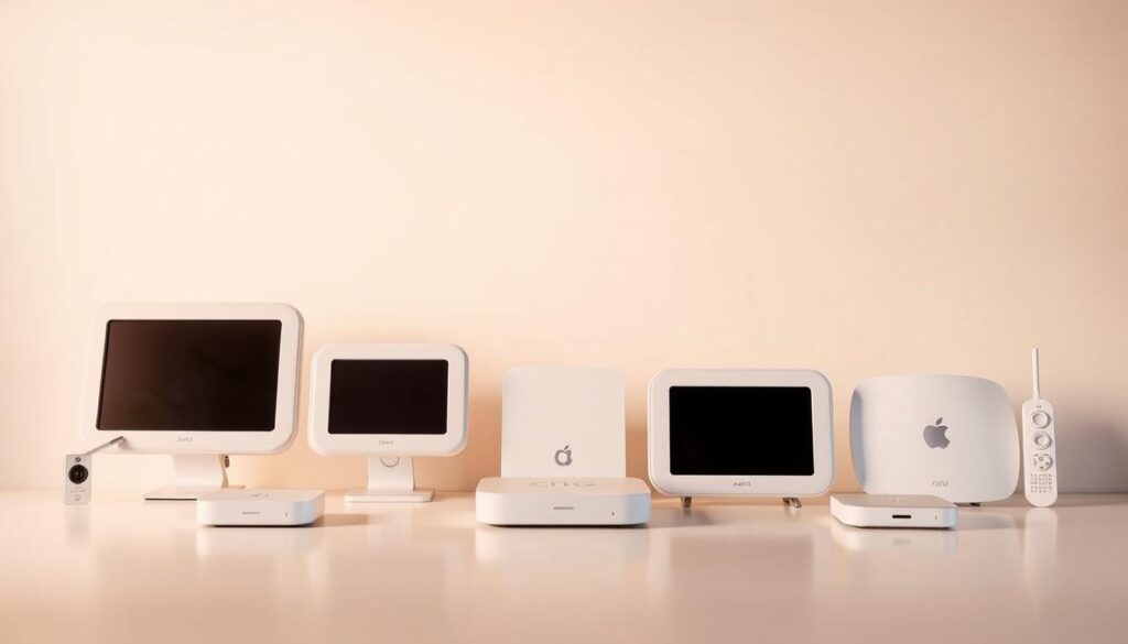 A serene, minimalist composition depicting a row of modern, white devices with sleek interfaces, arranged against a soft, gradient background. The devices are displayed prominently, with clean lines and a focus on simplicity, suggesting a range of legal IPTV providers in the UK. The lighting is warm and diffused, creating a sense of professionalism and trustworthiness. The overall tone is one of sophistication and reliability, aligned with the subject matter of the article's section on "Free and Low-Cost Legal Alternatives in the UK".