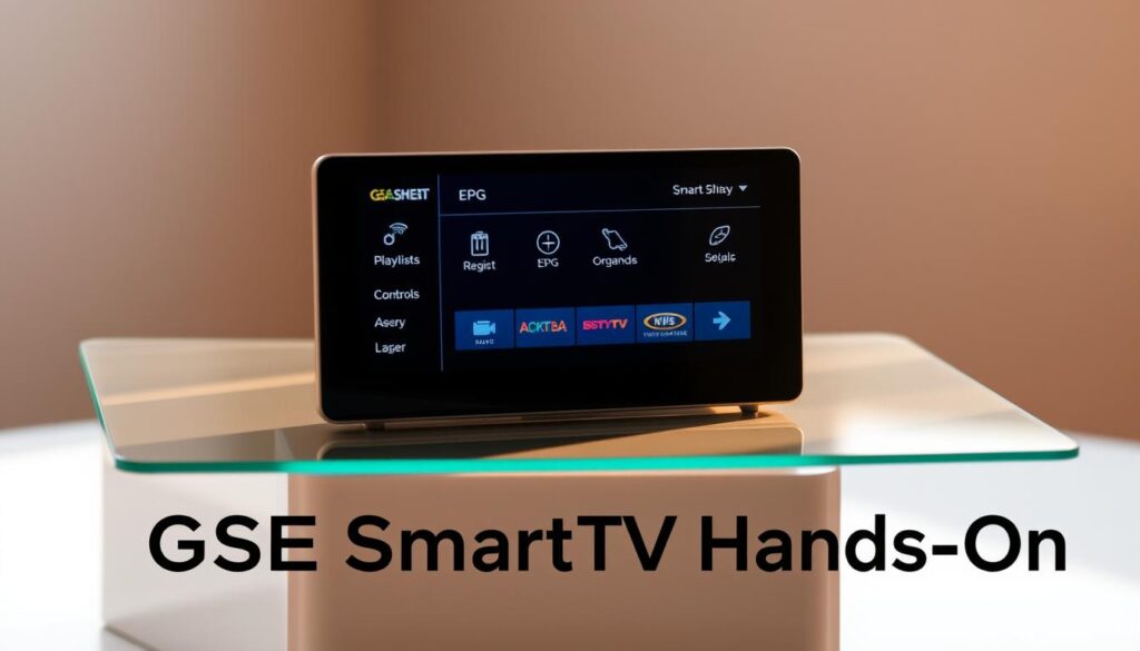 A sleek and modern GSE Smart IPTV player sitting on a minimalist, glass-top desk. The player's interface is prominently displayed, showcasing its clean and intuitive layout with various menu options such as "Playlists", "EPG", and "Player Controls". The player is bathed in warm, indirect lighting, casting subtle shadows that accentuate its streamlined design. The background is a softly blurred, neutral-toned environment, allowing the device to take center stage and capture the user's attention. The overall scene conveys a sense of sophistication and technological prowess, perfectly suited for the "GSE Smart IPTV Hands-On" section of the article.