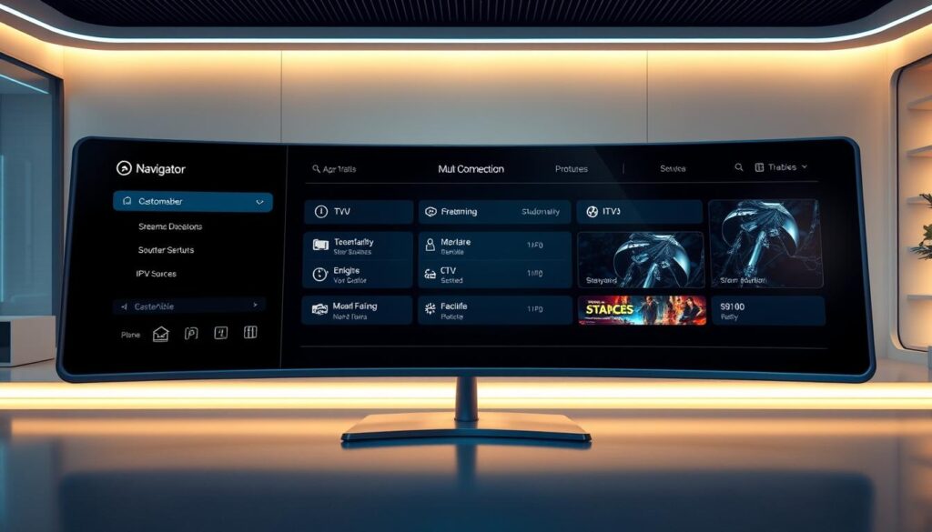 A sleek, futuristic user interface for the OTT Navigator app, showcasing its deep customization options and studio-quality controls. In the foreground, a high-resolution display with a minimalist, customizable dashboard, allowing users to seamlessly manage their streaming services and content. The middle ground features the app's intuitive navigation menus, highlighting its multi-connection capabilities, enabling simultaneous access to various IPTV sources. The background depicts a modern, tech-savvy setting, with subtle lighting and reflections, conveying a sense of cutting-edge technology and smart home integration. The overall scene emanates a polished, sophisticated atmosphere, aligning with the advanced features of the OTT Navigator app.