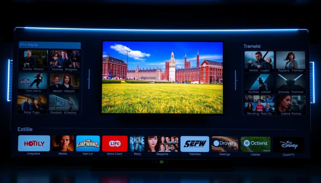 A sleek, high-tech dashboard displaying an IPTV playlist interface, with a clean and minimalist design. The foreground features an array of channel icons, neatly organized and easily accessible. In the middle ground, a large, vibrant screen showcases the live feed of a popular UK television channel, its crisp image quality and vivid colors capturing the viewer's attention. The background subtly hints at the advanced technology powering the IPTV system, with subtle glowing accents and a futuristic, cyber-inspired aesthetic. The overall scene exudes a sense of modern convenience and seamless entertainment, inviting the viewer to explore the wealth of content available through this free, high-quality IPTV playlist.