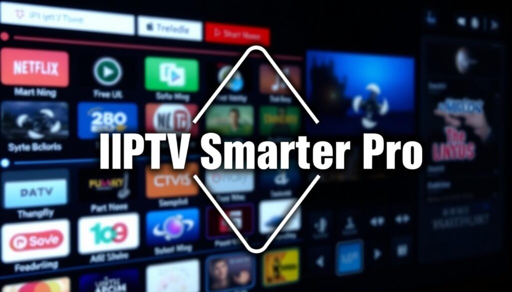 A sleek, minimalist logo for "IPTV Smarter Pro" displayed against a backdrop of a digital interface. The logo features a bold, clean font with a subtle gradient effect, surrounded by a thin, angular frame. The interface in the background depicts a grid of app icons and various media controls, conveying the app's functionality and user experience. The overall composition is crisp, modern, and visually appealing, reflecting the advanced capabilities of the IPTV Smarter Pro application.