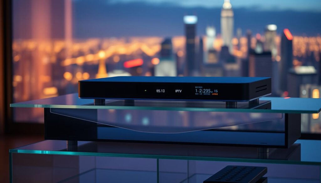 A sleek, modern IPTV stream player sits atop a minimalist glass-and-metal entertainment center, its display panel illuminated with a soft, ambient glow. In the foreground, the player's intuitive touch interface and high-definition streaming capabilities are showcased, hinting at the seamless, immersive viewing experience it provides. The background features a subtly blurred cityscape, alluding to the player's ability to access a vast library of global content, making it the centerpiece of a 2025 home entertainment setup. Warm, directional lighting casts a subtle, cinematic atmosphere, underscoring the player's role as a gateway to a world of streaming possibilities.