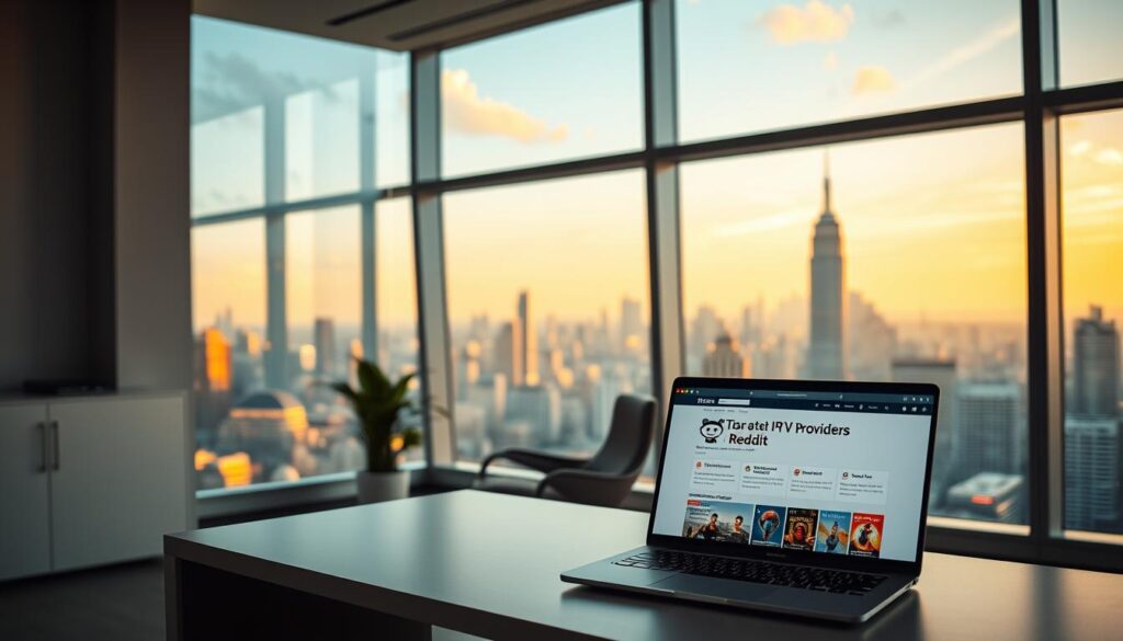 A sleek, modern office interior with a large window overlooking a bustling city skyline. In the foreground, a laptop displays a web page showcasing the top-rated IPTV providers on Reddit, surrounded by a minimalist desk setup. The middle ground features a comfortable office chair and a potted plant, while the background showcases the urban landscape outside, bathed in warm, soft lighting. The overall atmosphere conveys a sense of professional authority and trustworthiness, reflecting the authoritative nature of the "best IPTV provider Reddit" subject matter.
