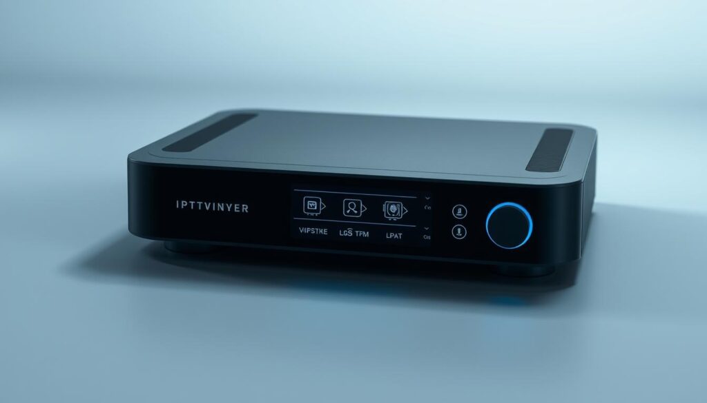 A sleek, powerful media player with a modern, minimalist user interface. The device is encased in a smooth, metallic shell with a minimalist, monochrome design. Soft, indirect lighting illuminates the player's intuitive controls and responsive touchscreen. The player's interface features clean, high-contrast typography and simple, elegant iconography, allowing for seamless navigation through various media options, playlists, and an integrated XMLTV-powered electronic program guide. The overall scene conveys a sense of sophistication, efficiency, and technological prowess, perfectly suited to illustrate the "Built-in Powerful Player, Playlists, and EPG XMLTV" section of the IPTV guide.
