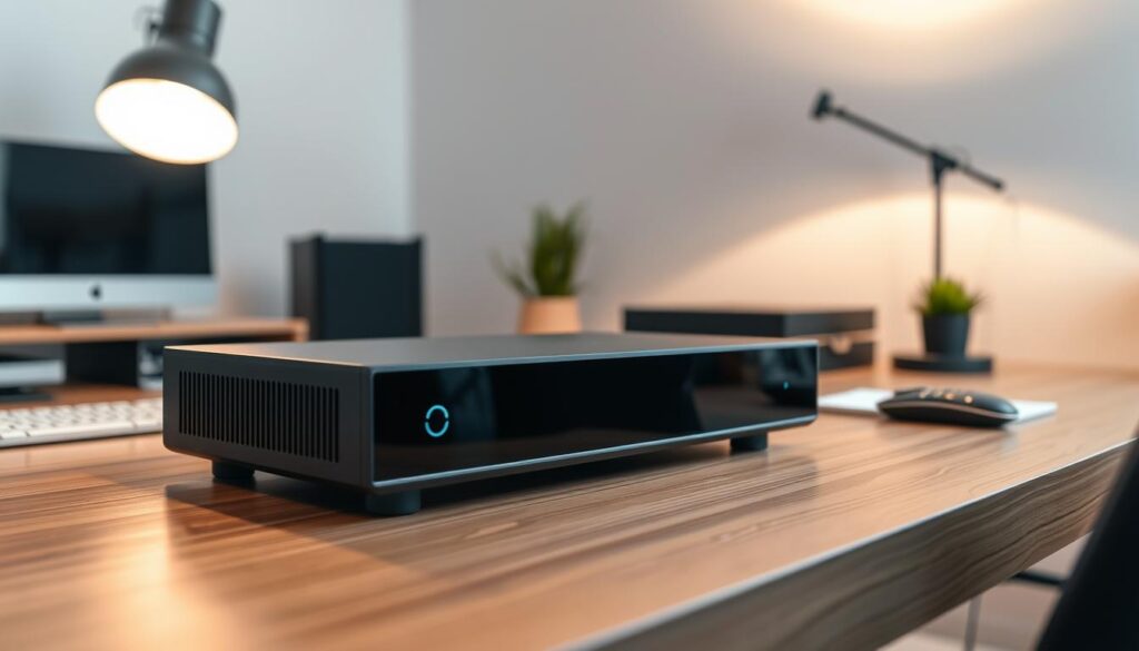 A well-lit, modern home office setup with a sleek IPTV stream player device prominently placed on the desk. The player has a minimalist, high-tech design with clean lines and a glossy finish. The desk is made of wood or a wood-like material, and is clutter-free, allowing the device to be the focal point. Soft, indirect lighting from a floor lamp or ceiling fixture creates a warm, inviting atmosphere. The background features a simple, neutral-colored wall, allowing the setup to stand out. The overall impression is one of efficiency, simplicity, and technological sophistication, perfectly fitting the task of setting up an IPTV stream player.