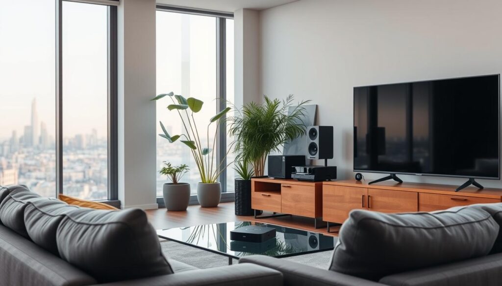 A well-lit, modern living room with a sleek, minimalist entertainment center showcasing a variety of streaming devices. In the foreground, a smart TV, a streaming box, and a gaming console sit atop a minimalist wooden cabinet. Behind them, a wall-mounted sound system and a lush, green plant add a touch of nature. The middle ground features a plush, gray sofa and a low, glass coffee table, creating a cozy and inviting atmosphere. The background is softly lit, with large windows letting in natural light and offering a glimpse of the city skyline outside.