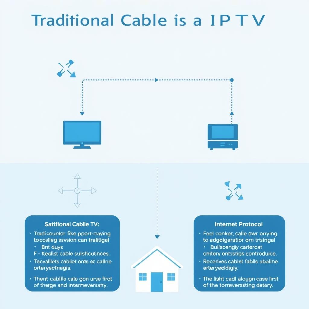 Diagram showing how IPTV subscription works compared to traditional cable TV Diagram showing how IPTV subscription works compared to traditional cable TV