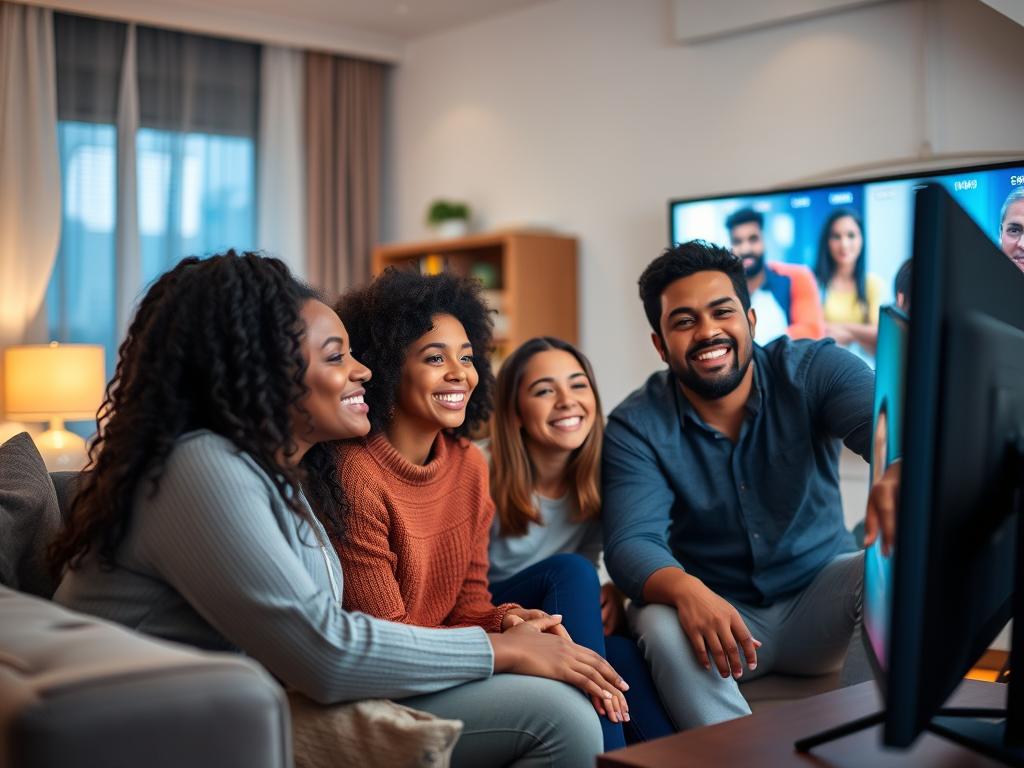 Family enjoying IPTV subscription content in living room Family enjoying IPTV subscription content in living room