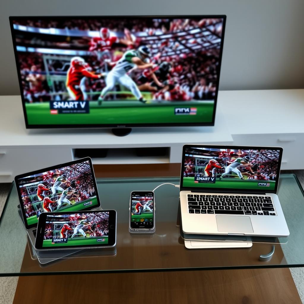 Multiple devices showing the same IPTV subscription content across different screens Multiple devices showing the same IPTV subscription content across different screens