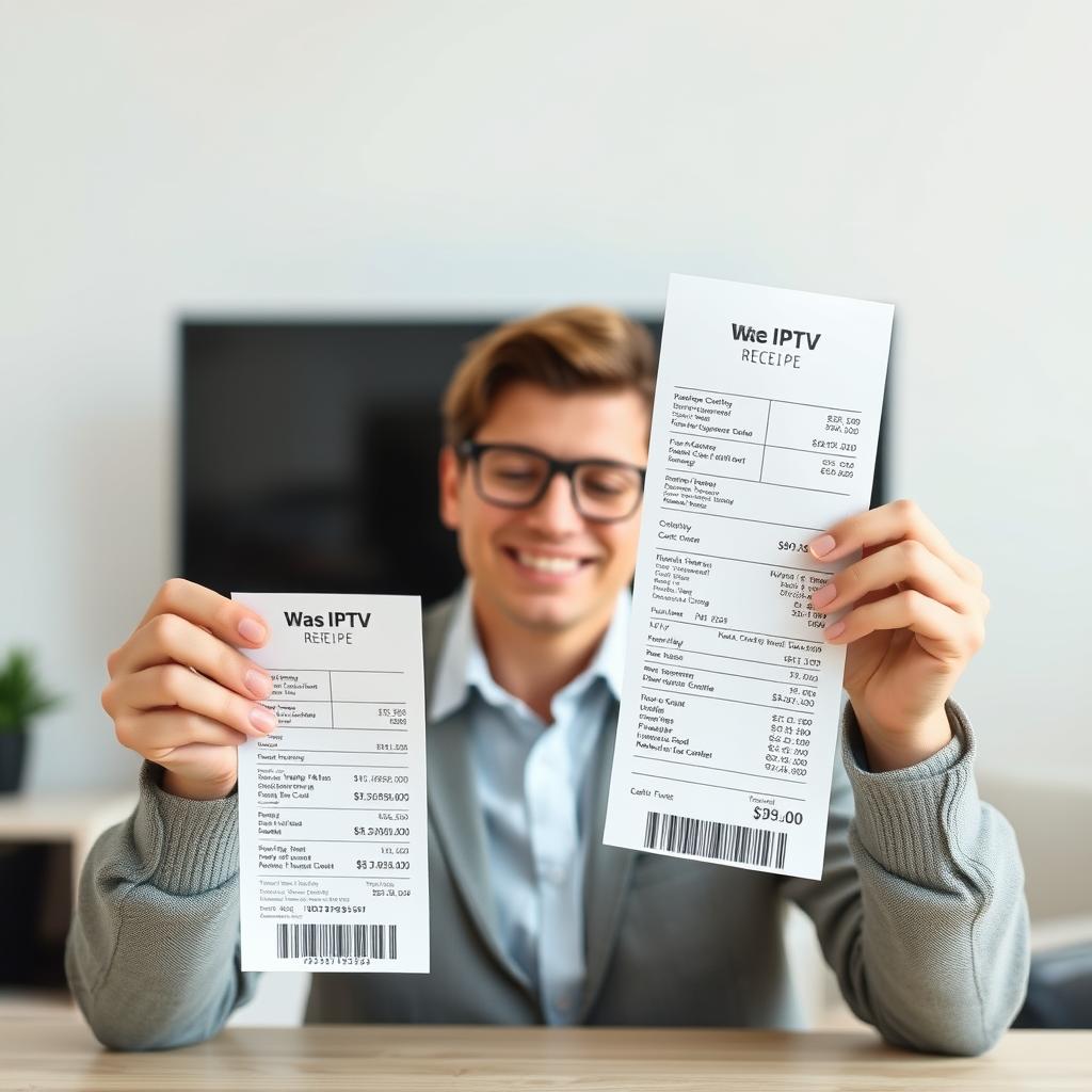 Person comparing IPTV subscription cost savings with traditional cable bill Person comparing IPTV subscription cost savings with traditional cable bill